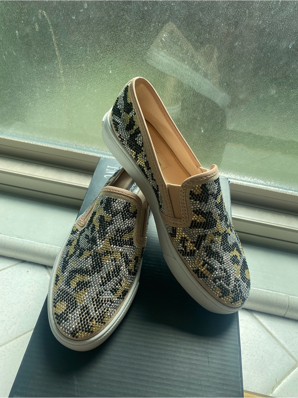 INC International Concepts Leopard Crystal Slip-On Sneakers - Black, Gold, Tan